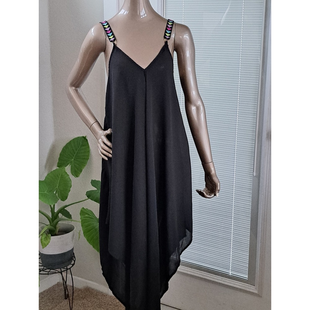 Jessica Simpson Black High Low Midi Dress XL Embroidered Geometric Straps Boho